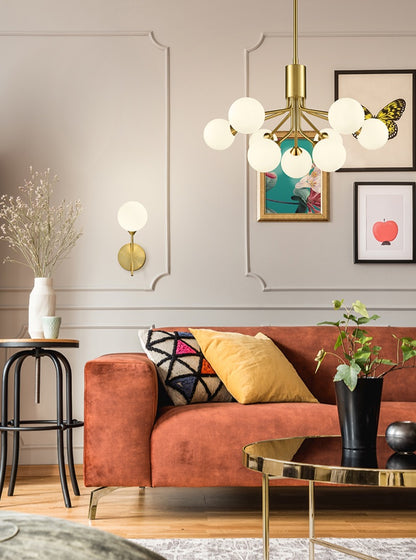 Franklite Cosmic 9-Light Antique Gold Matte Opal Glass Globe Chandelier