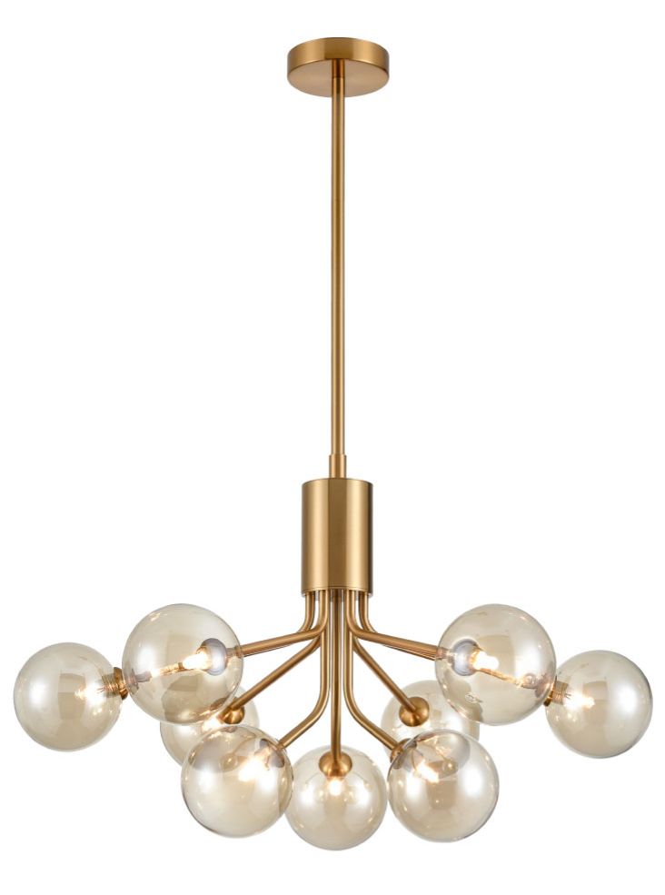 Franklite Cosmic 9-Light Antique Gold Amber Glass Globe Chandelier