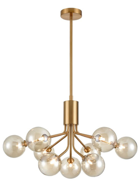 Franklite Cosmic 9-Light Antique Gold Amber Glass Globe Chandelier