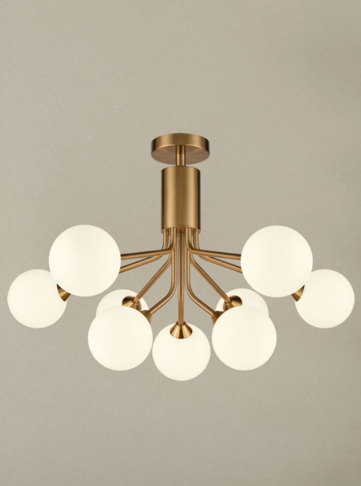 Franklite Cosmic 9-Light Antique Gold Matte Opal Glass Globe Chandelier