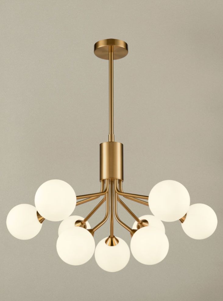 Franklite Cosmic 9-Light Antique Gold Matte Opal Glass Globe Chandelier