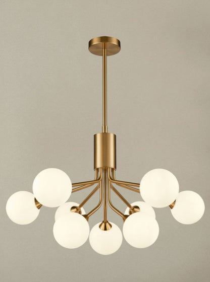 Franklite Cosmic 9-Light Antique Gold Matte Opal Glass Globe Chandelier