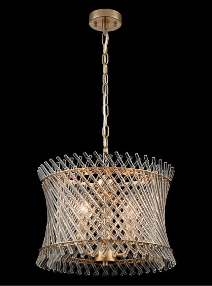 Franklite Ethereal 3-Light Aged Brass Glass Rod Drum Chandelier