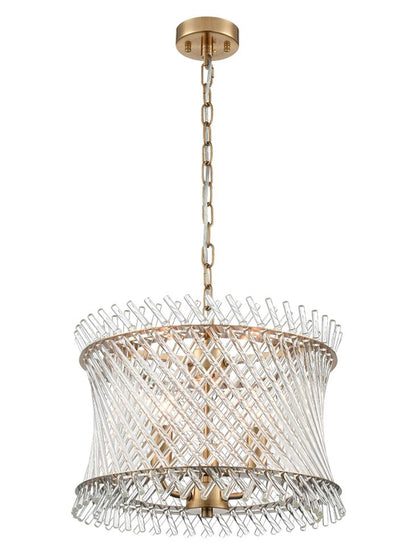 Franklite Ethereal 3-Light Aged Brass Glass Rod Drum Chandelier