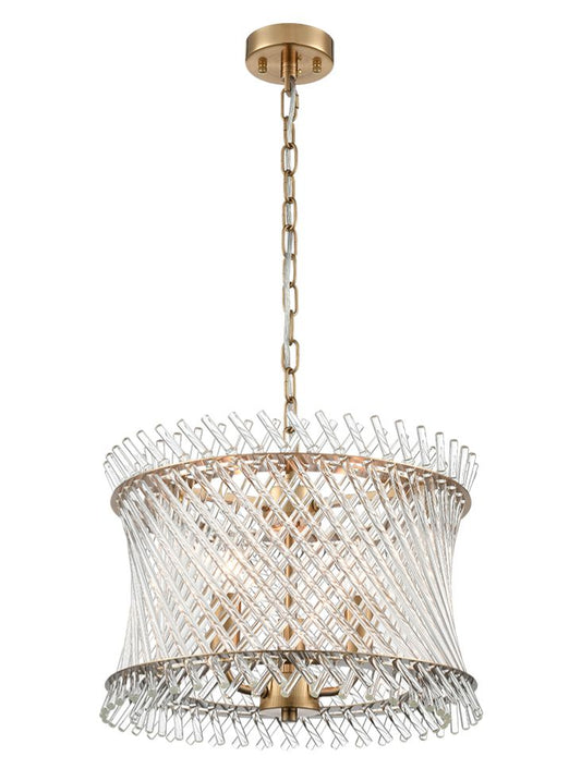 Franklite Ethereal 3-Light Aged Brass Glass Rod Drum Chandelier