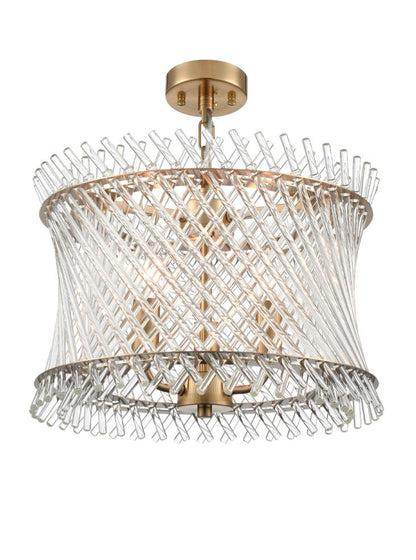 Franklite Ethereal 3-Light Aged Brass Glass Rod Drum Chandelier