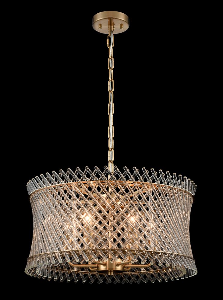 Franklite Ethereal 6-Light Aged Brass Glass Rod Drum Chandelier