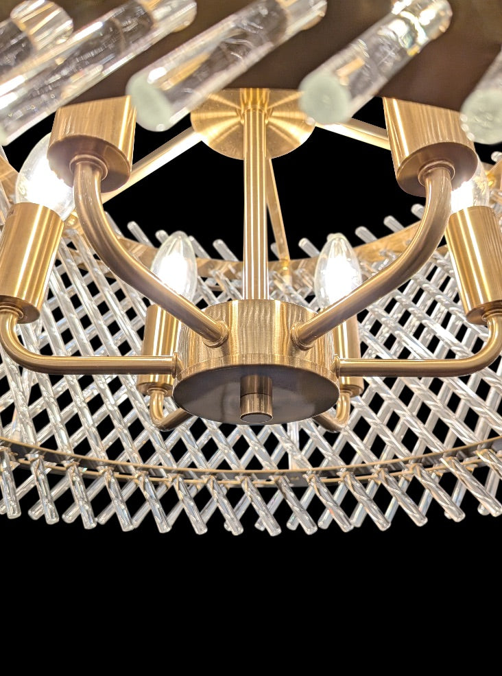 Franklite Ethereal 6-Light Aged Brass Glass Rod Drum Chandelier
