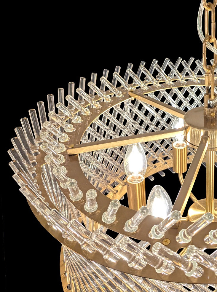 Franklite Ethereal 6-Light Aged Brass Glass Rod Drum Chandelier