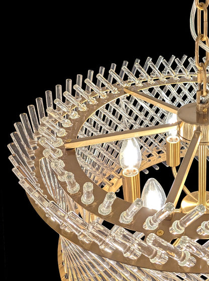 Franklite Ethereal 6-Light Aged Brass Glass Rod Drum Chandelier