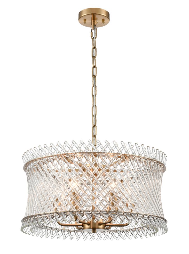 Franklite Ethereal 6-Light Aged Brass Glass Rod Drum Chandelier