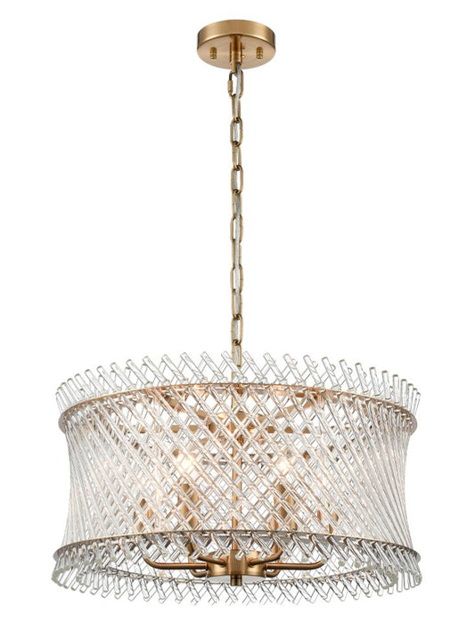 Franklite Ethereal 6-Light Aged Brass Glass Rod Drum Chandelier