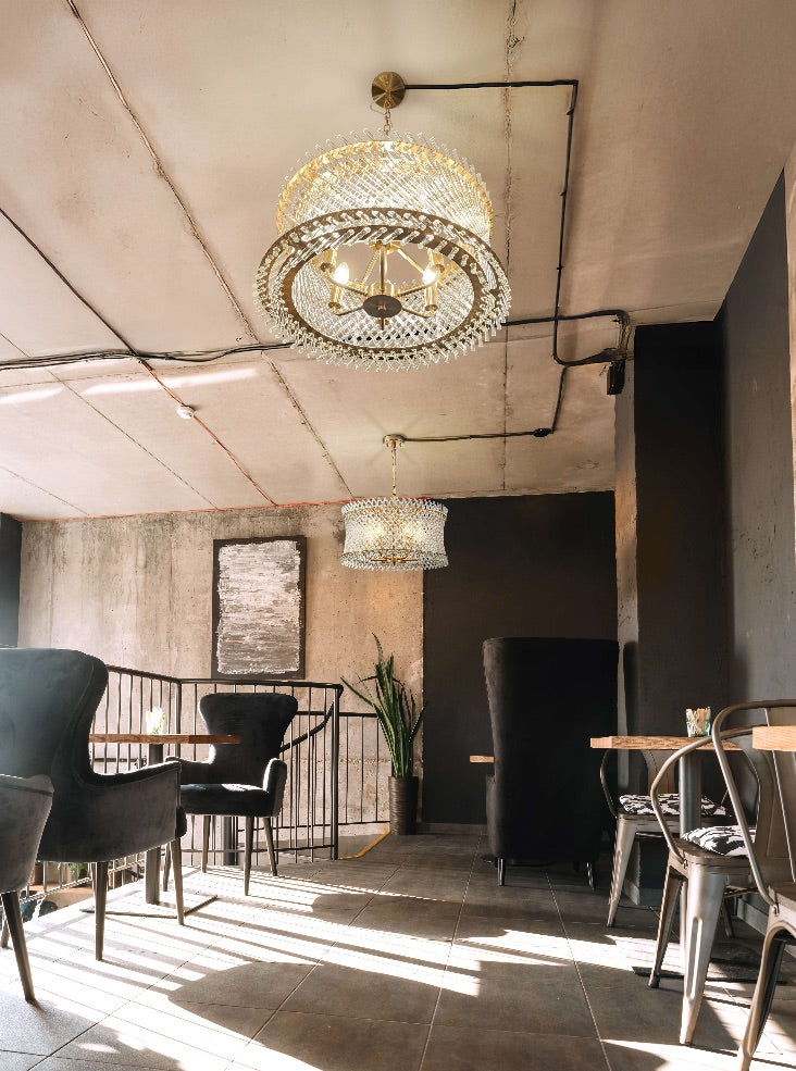 Franklite Ethereal 6-Light Aged Brass Glass Rod Drum Chandelier