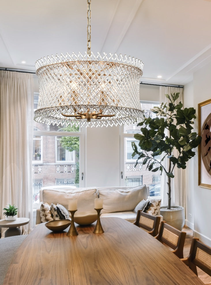 Franklite Ethereal 6-Light Aged Brass Glass Rod Drum Chandelier