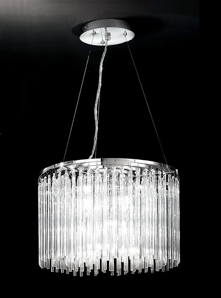 Franklite Carillon 9-Light Chrome Glass Rod Drum Chandelier