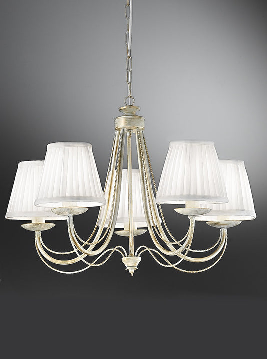 Franklite Philly 5-Light Cream Ironwork Candle Chandelier with White Pleated Shades
