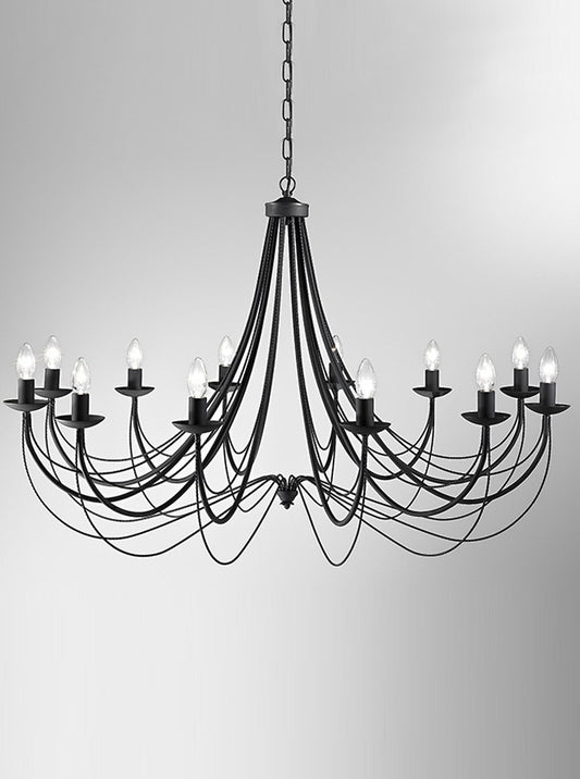 Franklite Philly 12-Light Satin Black Ironwork Candle Chandelier