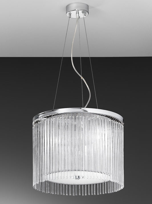 Franklite Eros 3-Light Chrome Lurex Shade Glass Rod Drum Chandelier