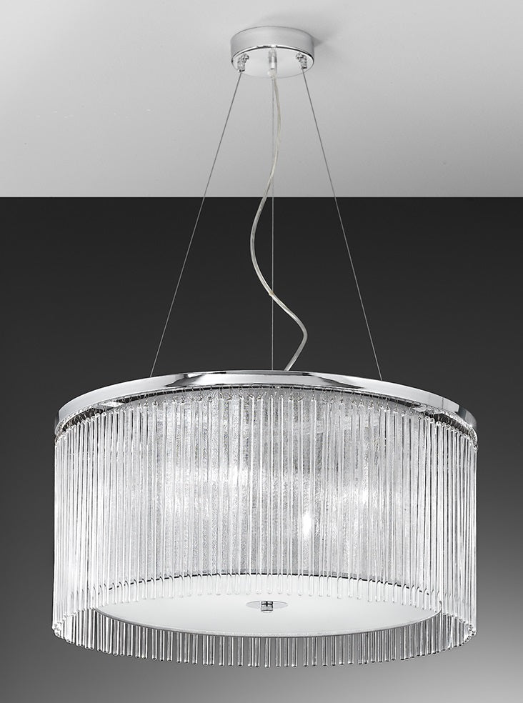 Franklite Eros 4-Light Chrome Lurex Shade Glass Rod Drum Chandelier