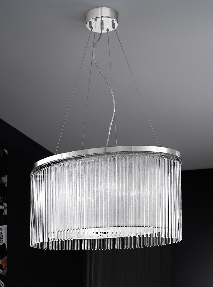 Franklite Eros 4-Light Chrome Lurex Shade Glass Rod Oval Drum Chandelier