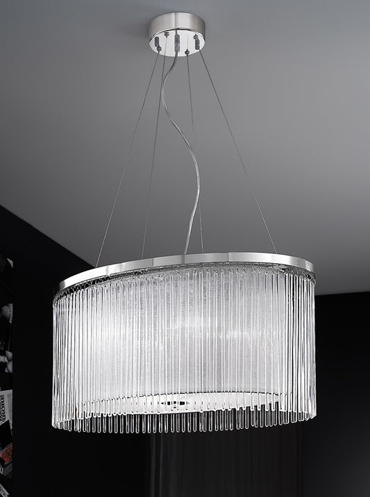 Franklite Eros 4-Light Chrome Lurex Shade Glass Rod Oval Drum Chandelier