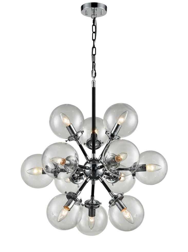 Franklite Reaction 12-Light Matte Black and Chrome Glass Globe Chandelier