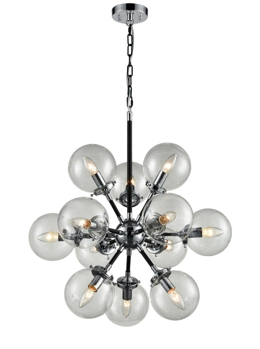 Franklite Reaction 12-Light Matte Black and Chrome Glass Globe Chandelier