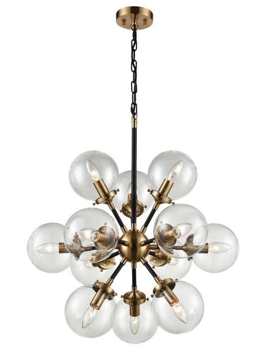 Franklite Reaction 12-Light Matte Black and Antique Gold Glass Globe Chandelier