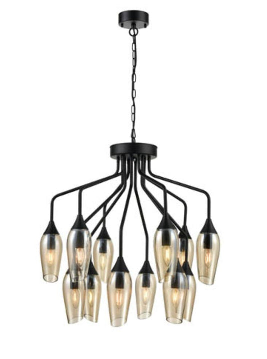 Franklite Taper 12-Light Matte Black Multi-Arm Chandelier with Amber Glass