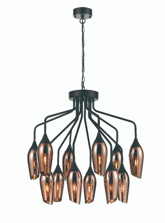 Franklite Taper 12-Light Matte Black Multi-Arm Chandelier with Copper Glass