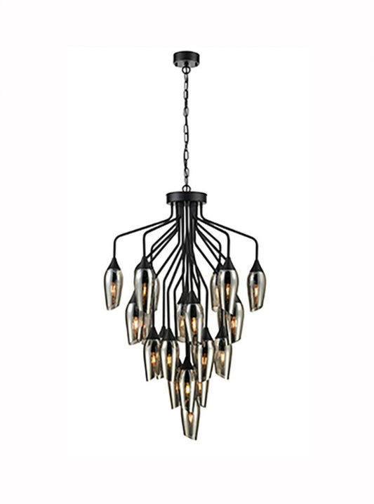 Franklite Taper 22-Light Matte Black Multi-Arm Chandelier with Smoked Glass