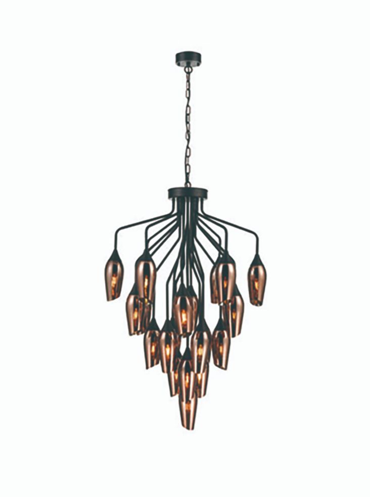 Franklite Taper 22-Light Matte Black Multi-Arm Chandelier with Copper Glass