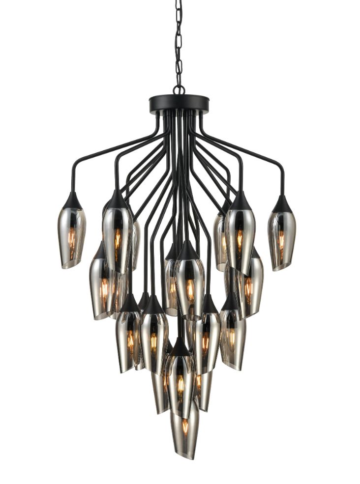 Franklite Taper 22-Light Matte Black Multi-Arm Chandelier with Smoked Glass