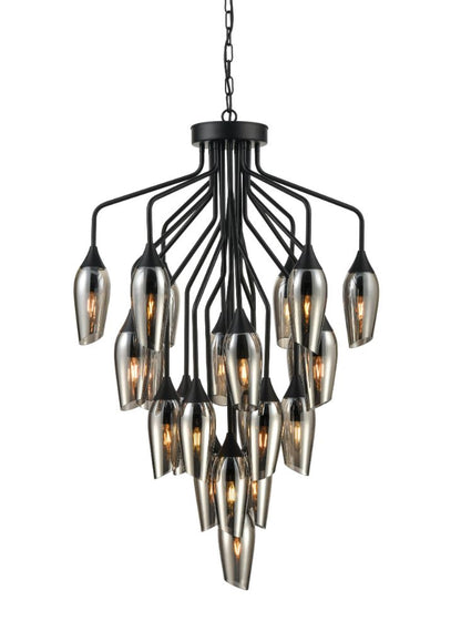 Franklite Taper 22-Light Matte Black Multi-Arm Chandelier with Smoked Glass