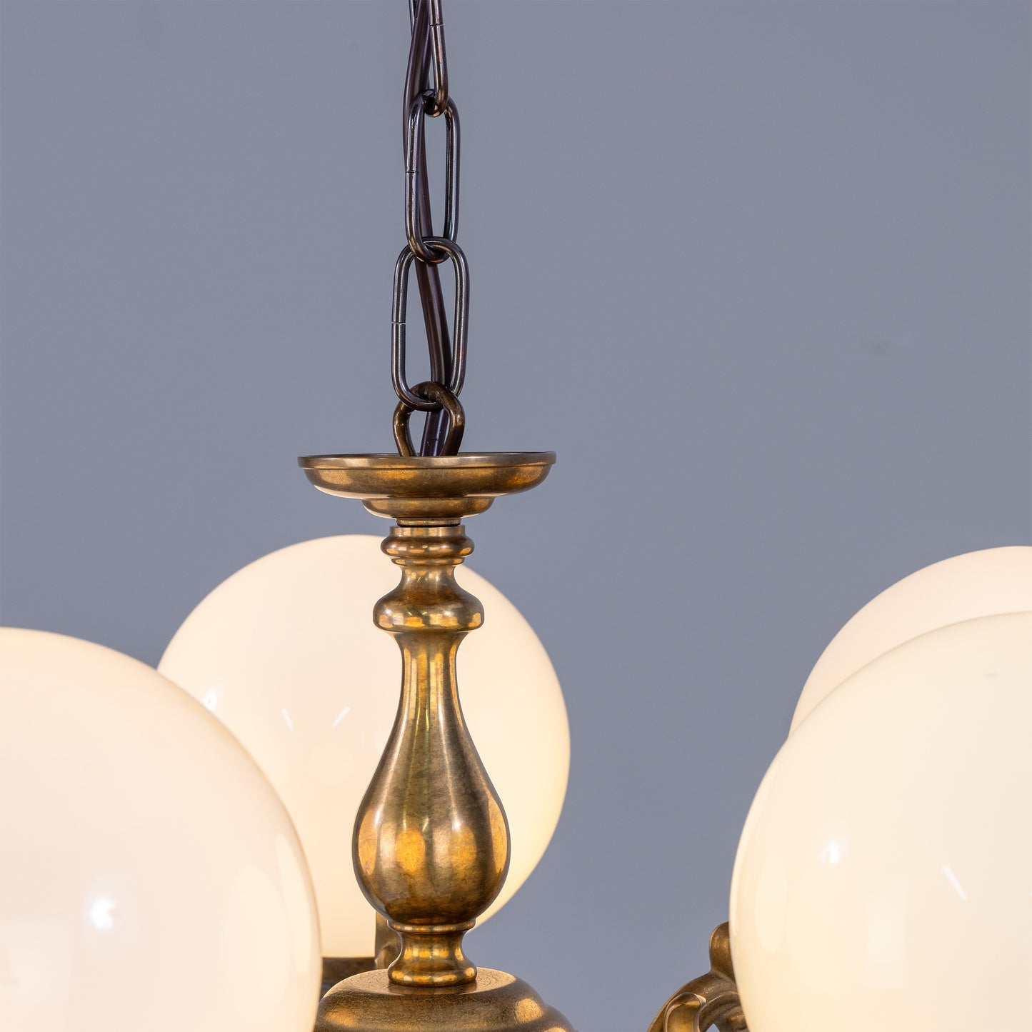 Mullan Lighting Ben Ornate 5-Light Brass Chandelier with Opal Glass Globes