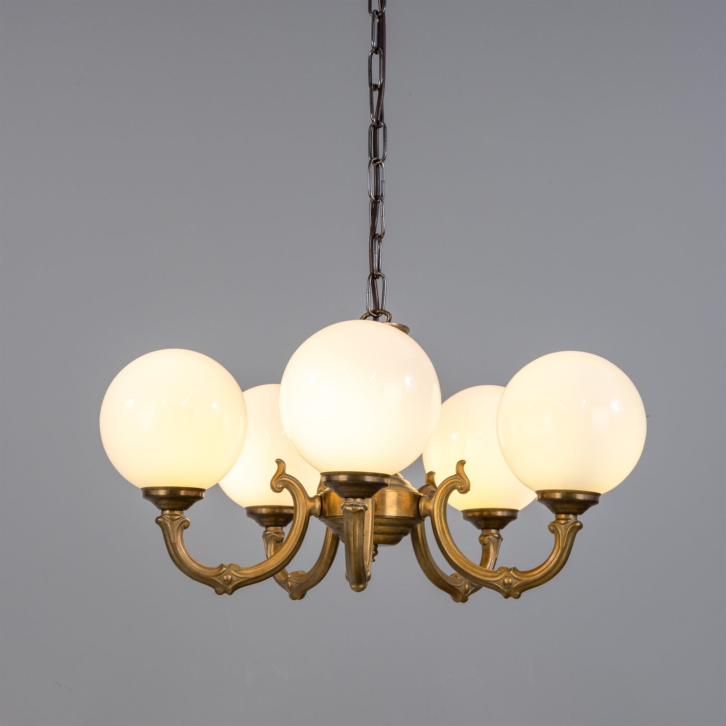 Mullan Lighting Ben Ornate 5-Light Brass Chandelier with Opal Glass Globes