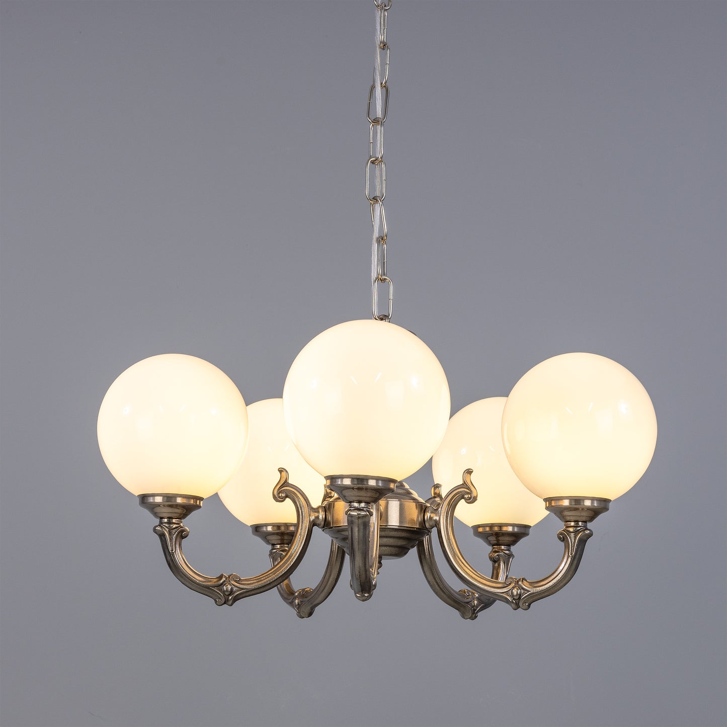 Mullan Lighting Ben Ornate 5-Light Brass Chandelier with Opal Glass Globes
