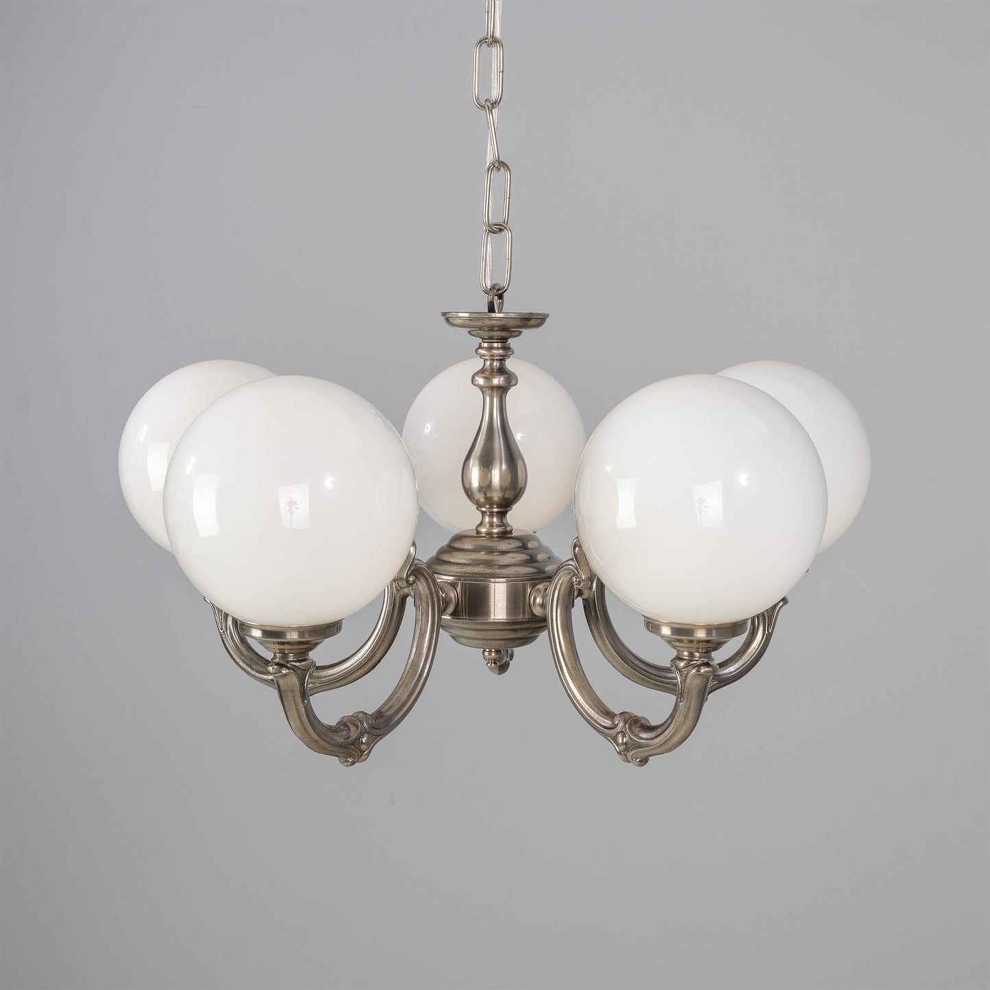 Mullan Lighting Ben Ornate 5-Light Brass Chandelier with Opal Glass Globes