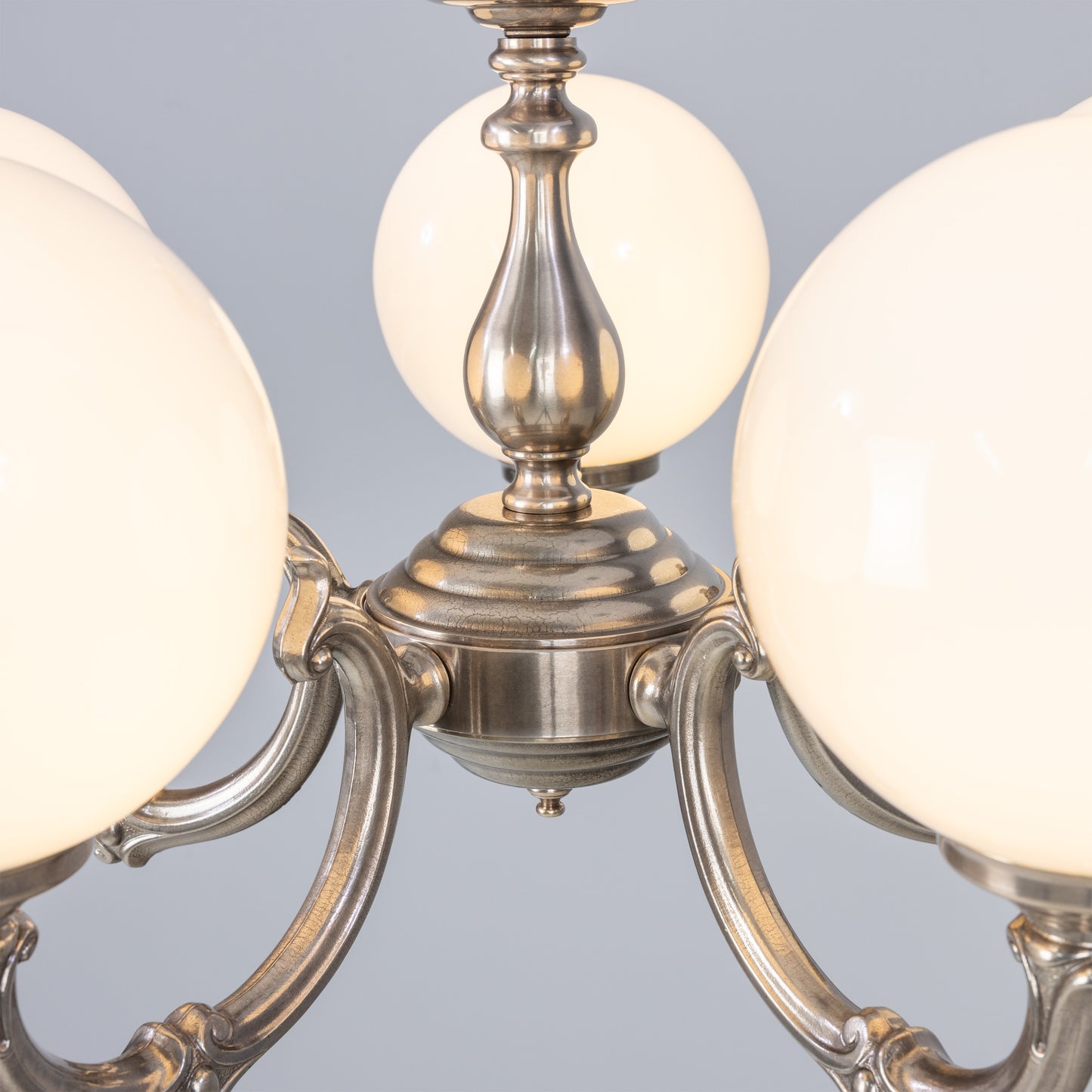 Mullan Lighting Ben Ornate 5-Light Brass Chandelier with Opal Glass Globes