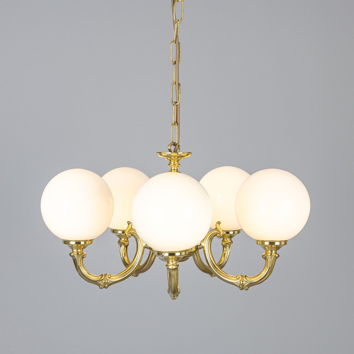 Mullan Lighting Ben Ornate 5-Light Brass Chandelier with Opal Glass Globes