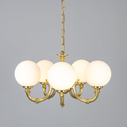 Mullan Lighting Ben Ornate 5-Light Brass Chandelier with Opal Glass Globes