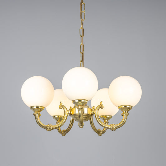 Mullan Lighting Ben Ornate 5-Light Brass Chandelier with Opal Glass Globes