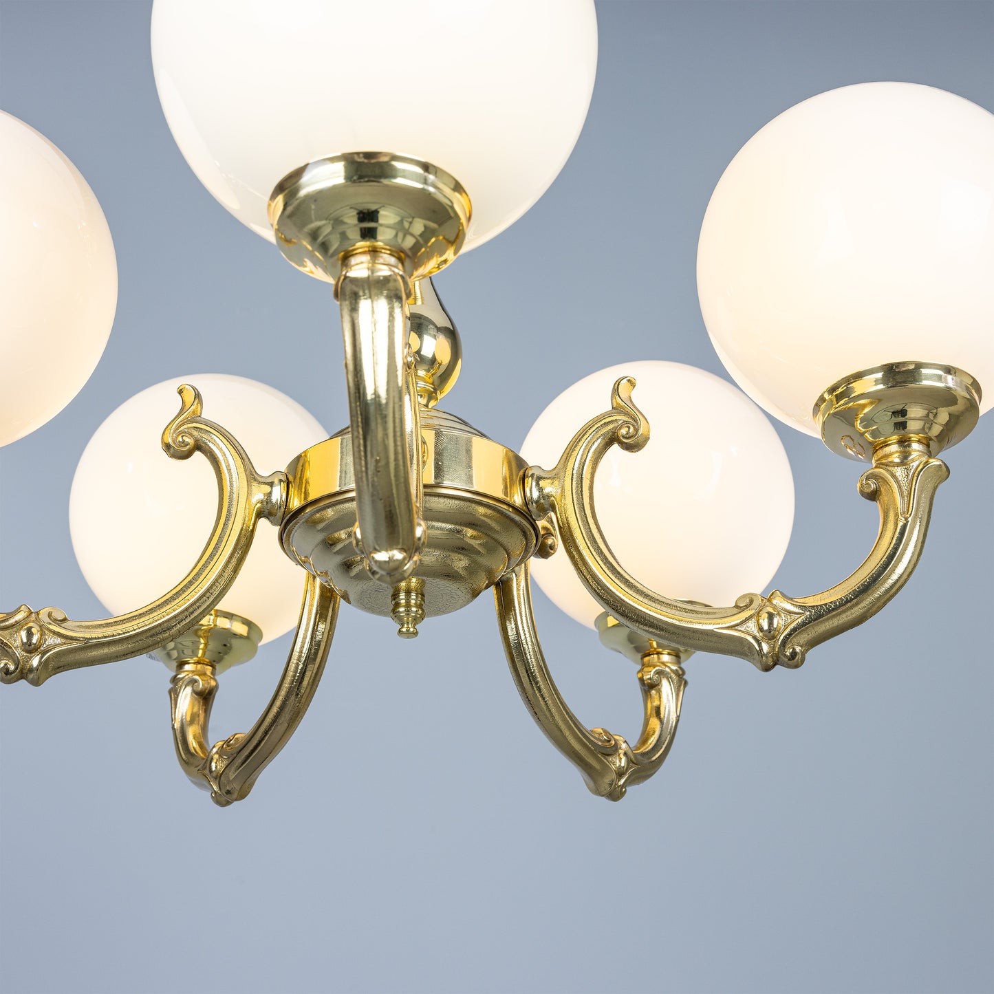 Mullan Lighting Ben Ornate 5-Light Brass Chandelier with Opal Glass Globes