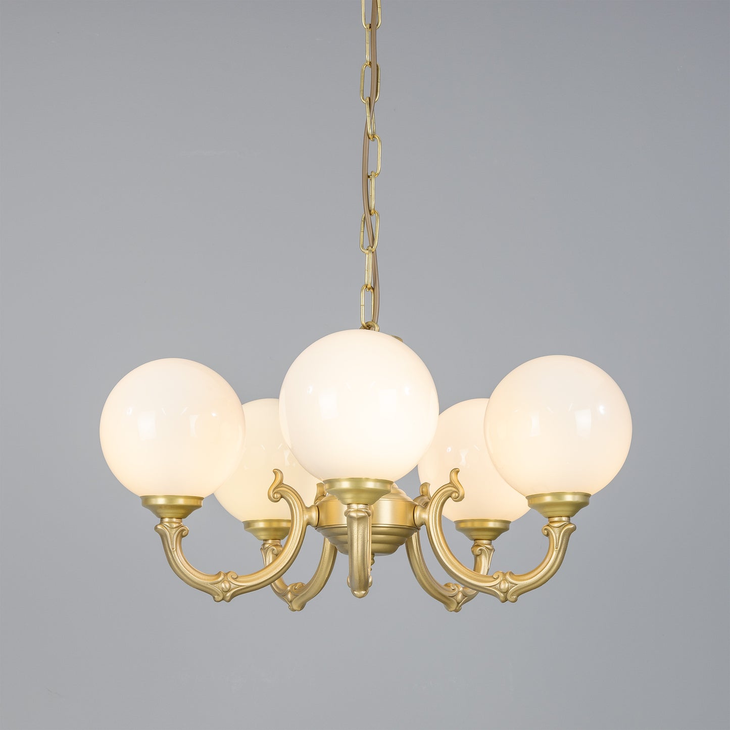 Mullan Lighting Ben Ornate 5-Light Brass Chandelier with Opal Glass Globes