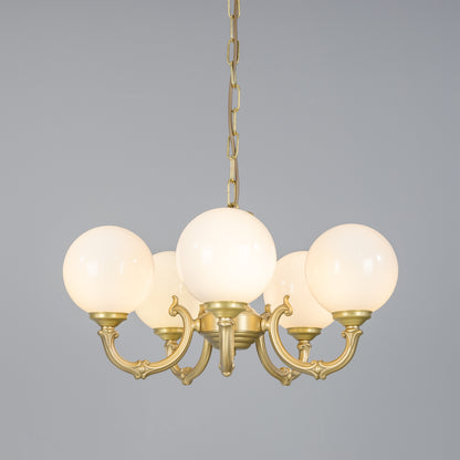 Mullan Lighting Ben Ornate 5-Light Brass Chandelier with Opal Glass Globes