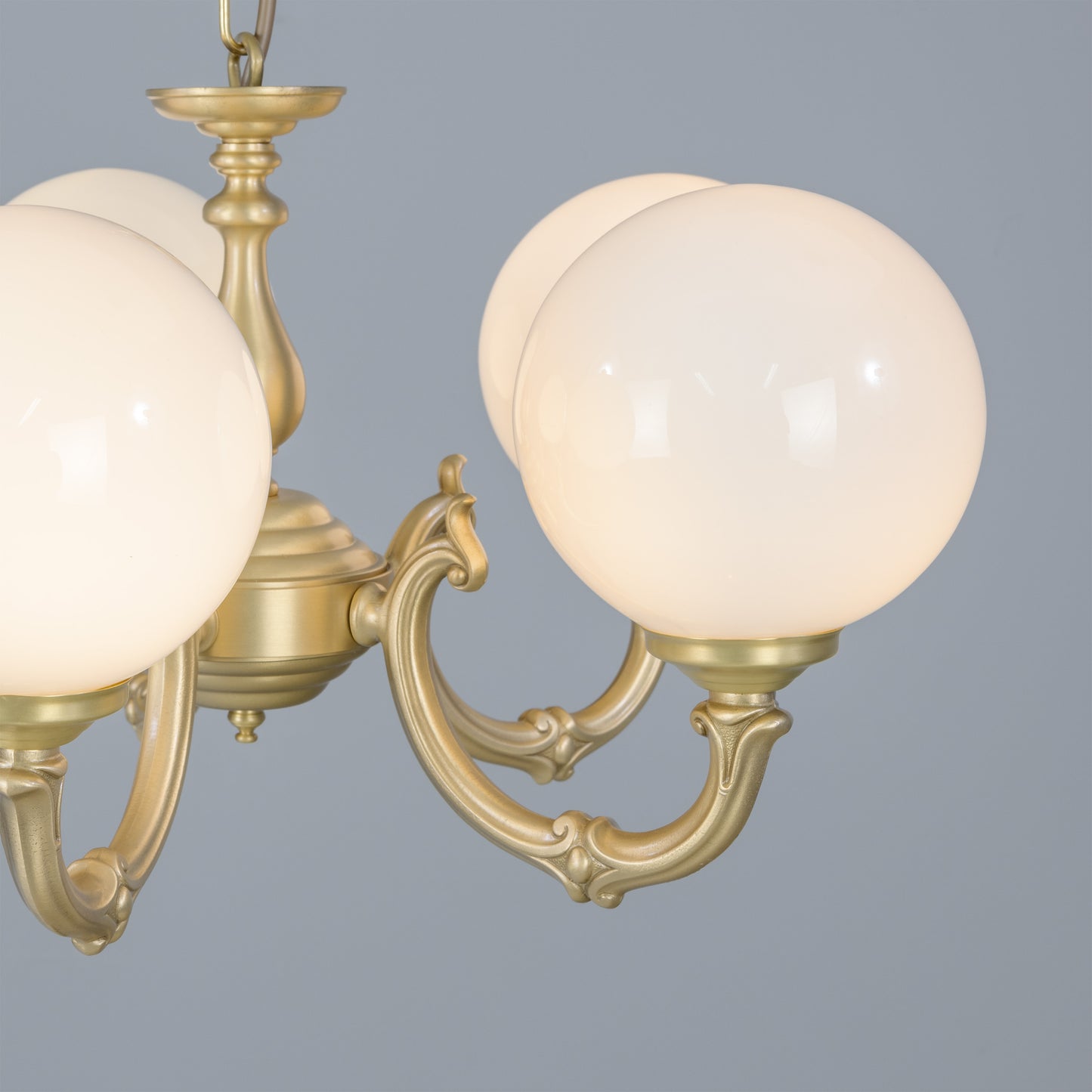 Mullan Lighting Ben Ornate 5-Light Brass Chandelier with Opal Glass Globes