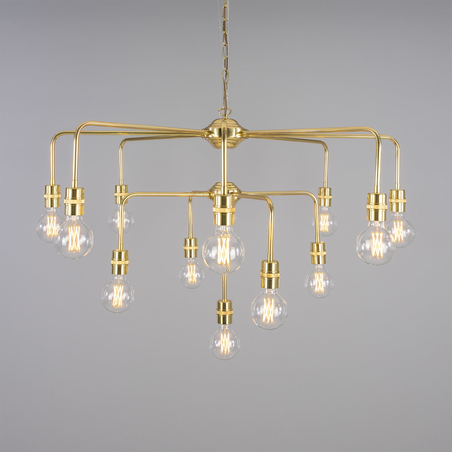 Mullan Lighting Pisa 13-Light Three-Tier Bare Bulb Brass Chandelier