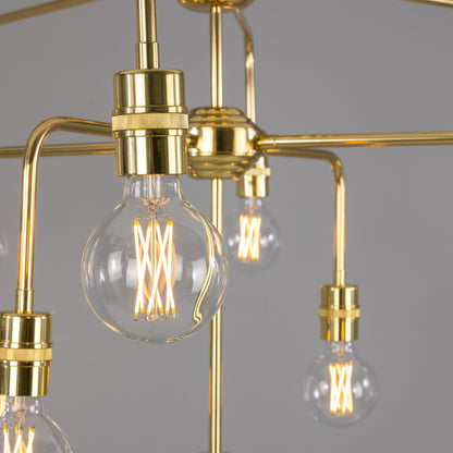 Mullan Lighting Pisa 13-Light Three-Tier Bare Bulb Brass Chandelier