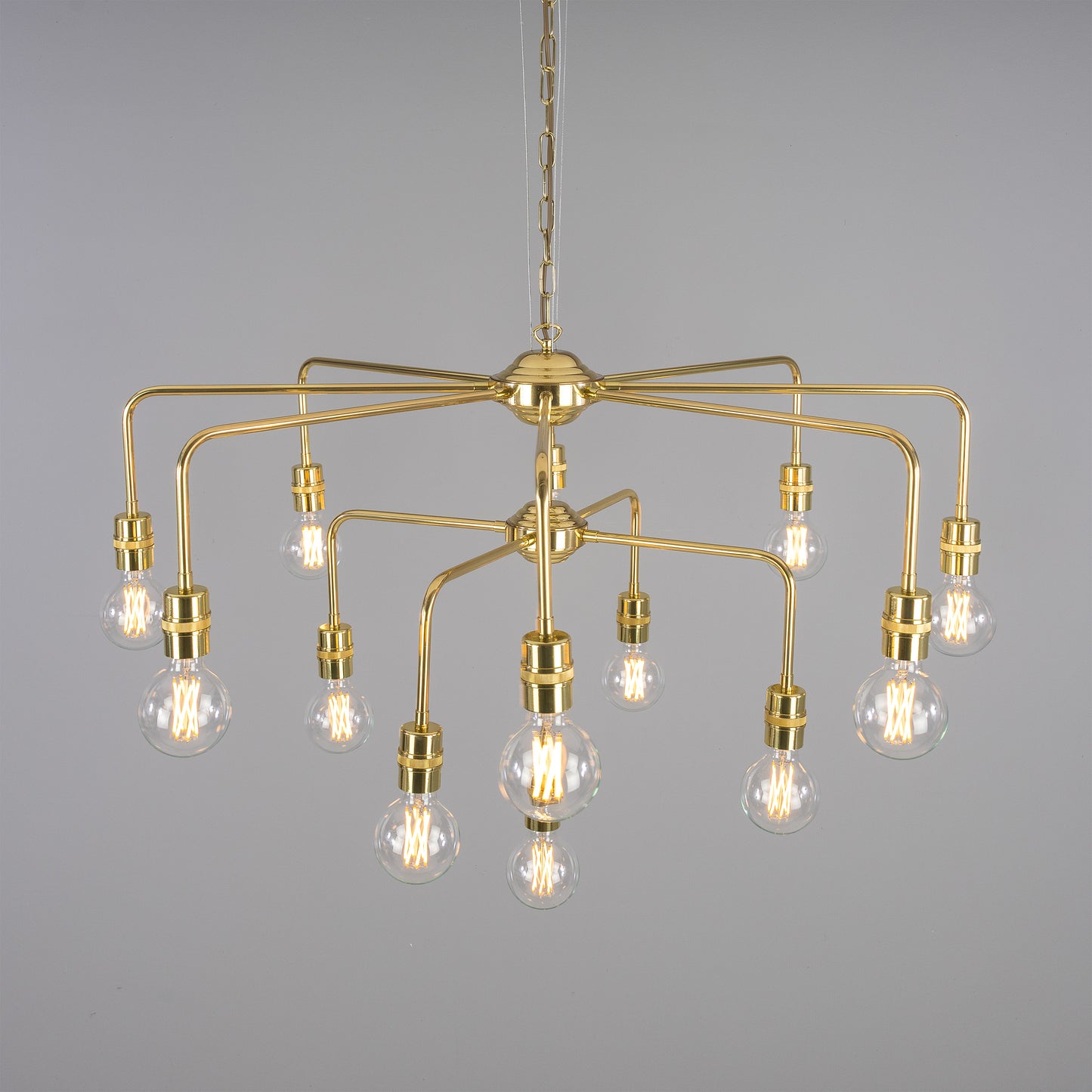 Mullan Lighting Pisa 13-Light Three-Tier Bare Bulb Brass Chandelier