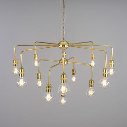 Mullan Lighting Pisa 13-Light Three-Tier Bare Bulb Brass Chandelier